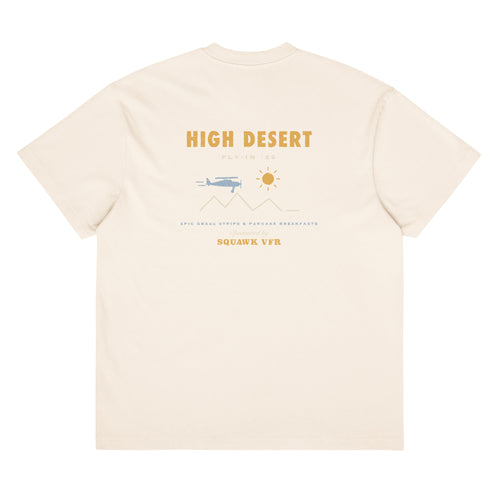 High Desert Fly-In Tee back print — retro desert fly-in poster with rising sun on vintage white heavyweight tee, SquawkVFR