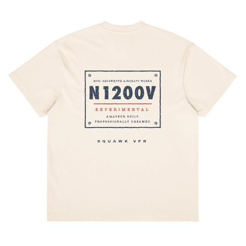 Certified Experimental Tee back print — riveted N1200V aircraft data plate on vintage white heavyweight tee, SquawkVFR