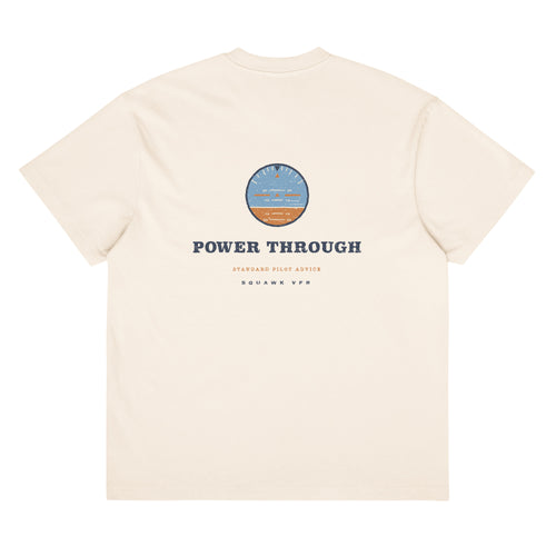 In the Blue? Power Through Tee back print — vintage attitude indicator gauge with Power Through motto on vintage white tee, SquawkVFR