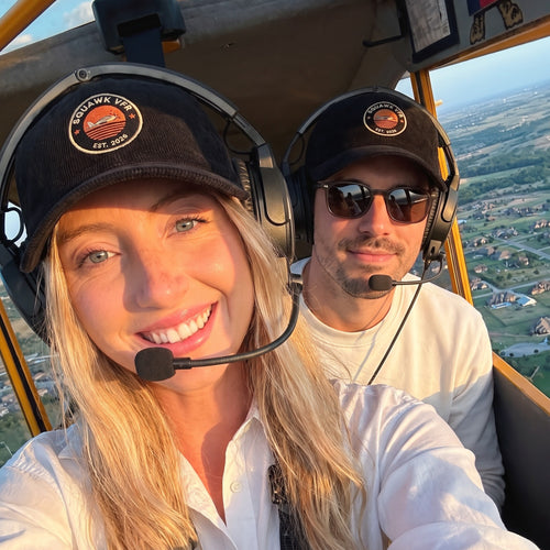 On-model — SquawkVFR Roundel Corduroy Cap worn in the cockpit with headsets, SquawkVFR