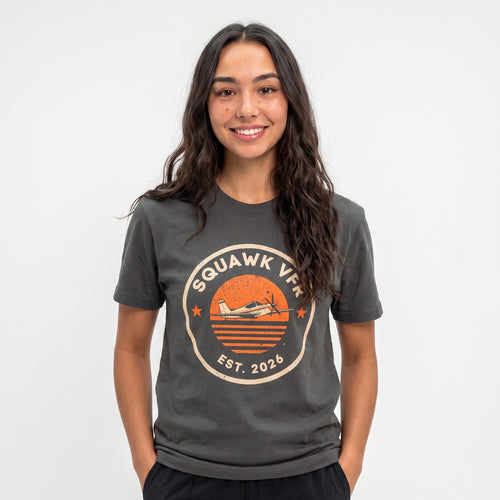 On-model — SquawkVFR Roundel Tee in faded coal, oversized fit, full roundel print on the chest, SquawkVFR