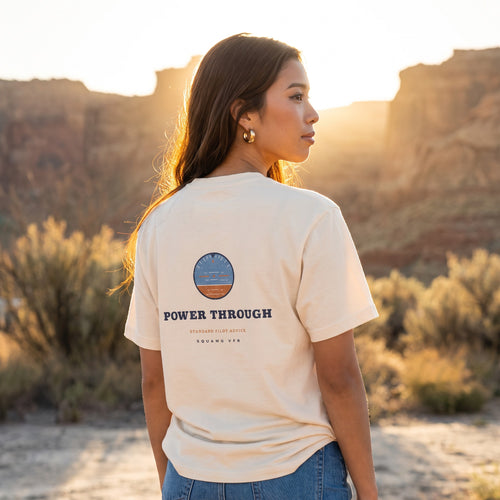 On-model — In the Blue? Power Through Tee back print with attitude indicator, worn in canyon country, SquawkVFR