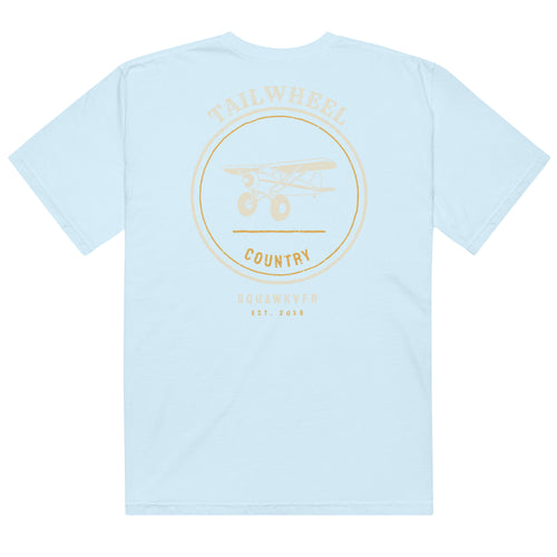 Tailwheel Country aviation tee — back print with a circular tailwheel badge, chambray garment-dyed cotton