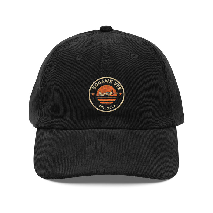 SquawkVFR roundel corduroy cap in Black, front view
