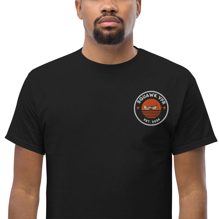 SquawkVFR roundel with squawk code 1200 embroidered on a black tee