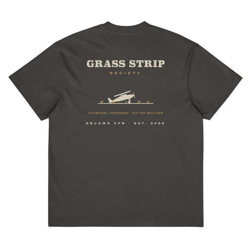 Grass Strip Society Tee back print — backcountry flying club badge on vintage black heavyweight tee, SquawkVFR