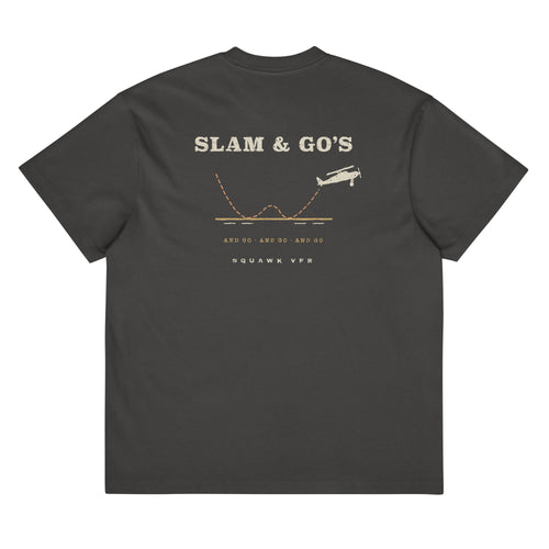 Slam & Go Tee back print — bounced touch-and-go flight path with climbing taildragger on vintage black tee, SquawkVFR