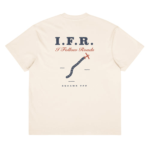 I Follow Roads Tee back print — winding highway with airplane tracking off the road end on vintage white tee, SquawkVFR