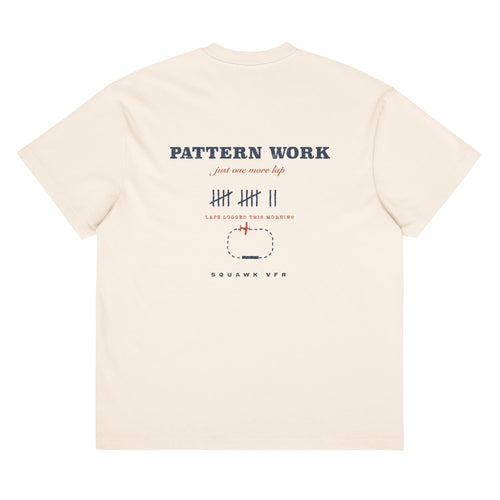 Pattern Work Tee back print — airport traffic pattern diagram with lap tally on vintage white tee, SquawkVFR