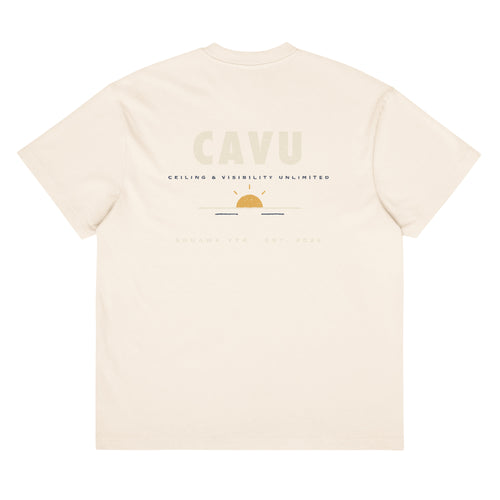 C.A.V.U Tee back print — Ceiling And Visibility Unlimited sunrise design on vintage white heavyweight tee, SquawkVFR