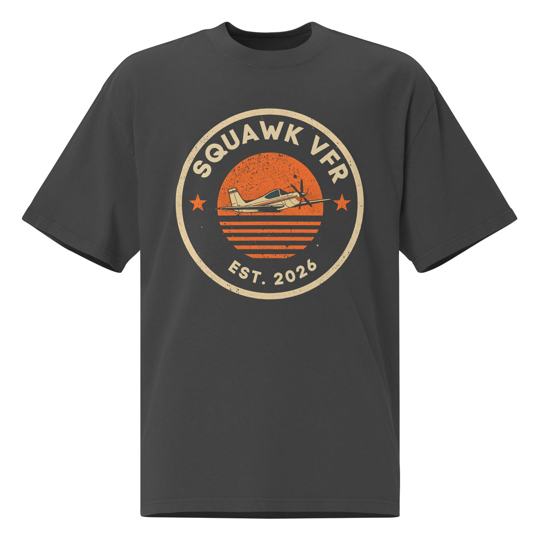 SquawkVFR roundel tee in Faded Coal, oversized fit, front view