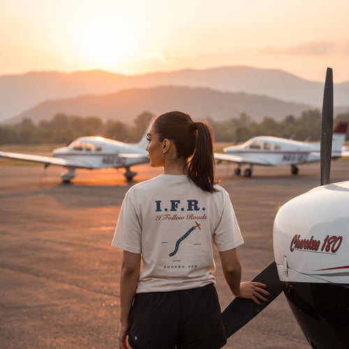 On-model — I Follow Roads Tee back print, worn on the ramp at sunset beside a Cherokee 180, SquawkVFR