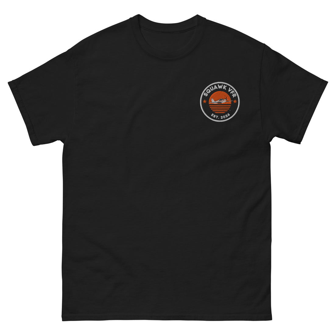 Close-up of the embroidered SquawkVFR roundel logo on a black cotton tee