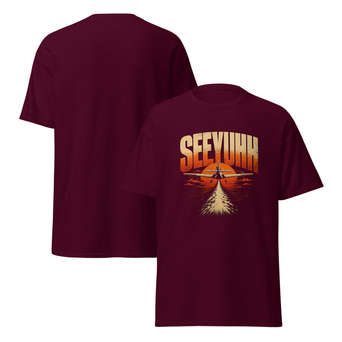 'SEEYUHH' funny pilot t-shirt in maroon, retro SquawkVFR aviation flyby tee