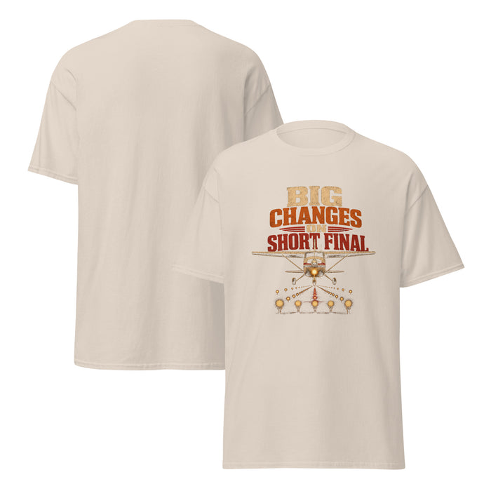 'Big Changes on Short Final' funny pilot t-shirt in natural, retro SquawkVFR aviation tee