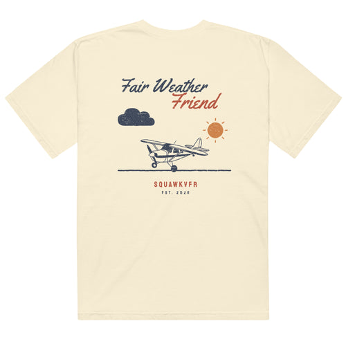 Fair Weather Friend aviation tee — back print of a high-wing taildragger between a cloud and the sun, ivory garment-dyed cotton