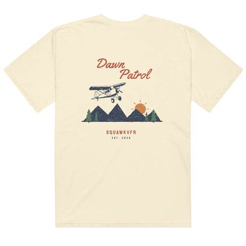Dawn Patrol aviation tee — back print of a vintage Cub climbing over pine ridges at sunrise, ivory garment-dyed cotton