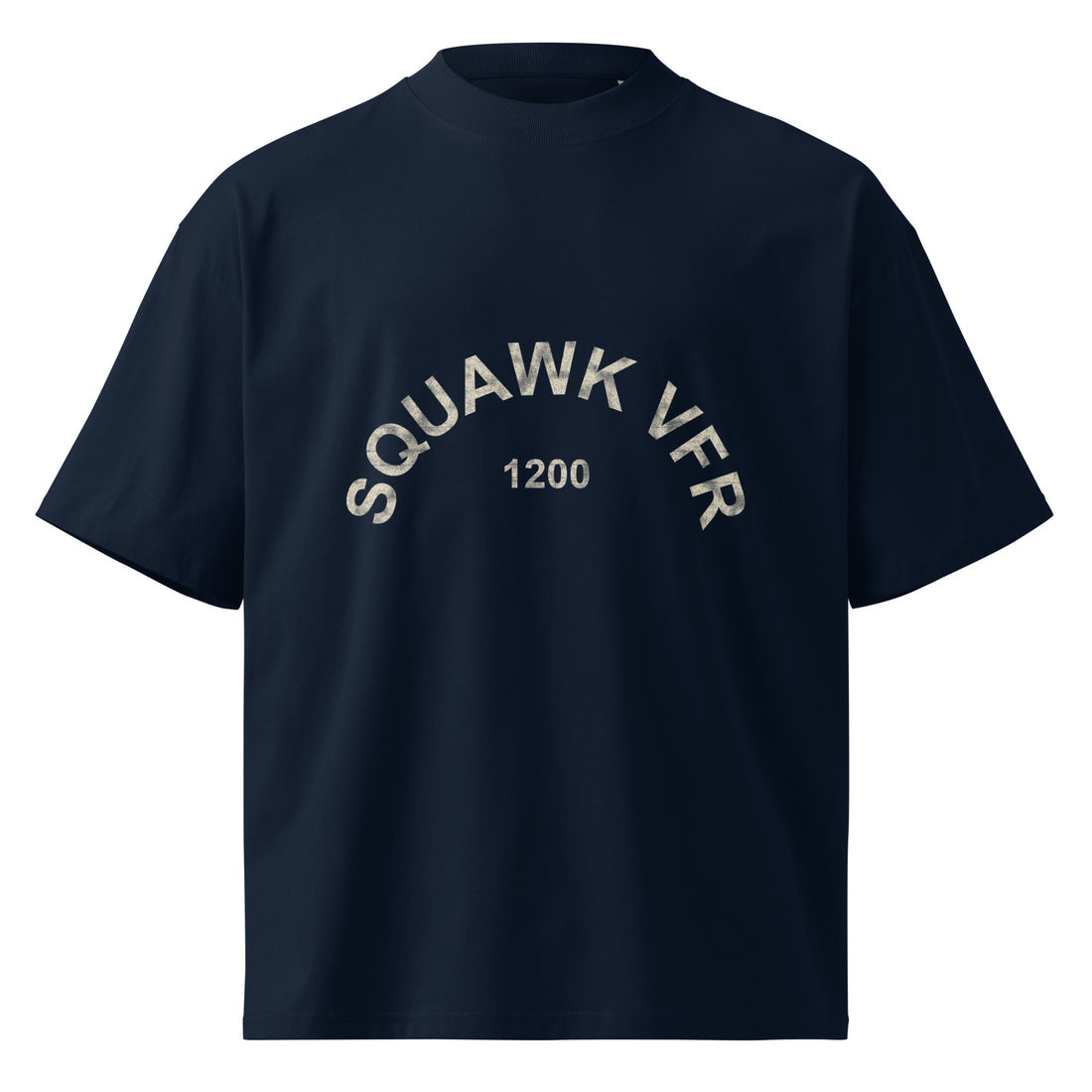 SquawkVFR arch logo tee in Black, organic oversized high-neck, front view