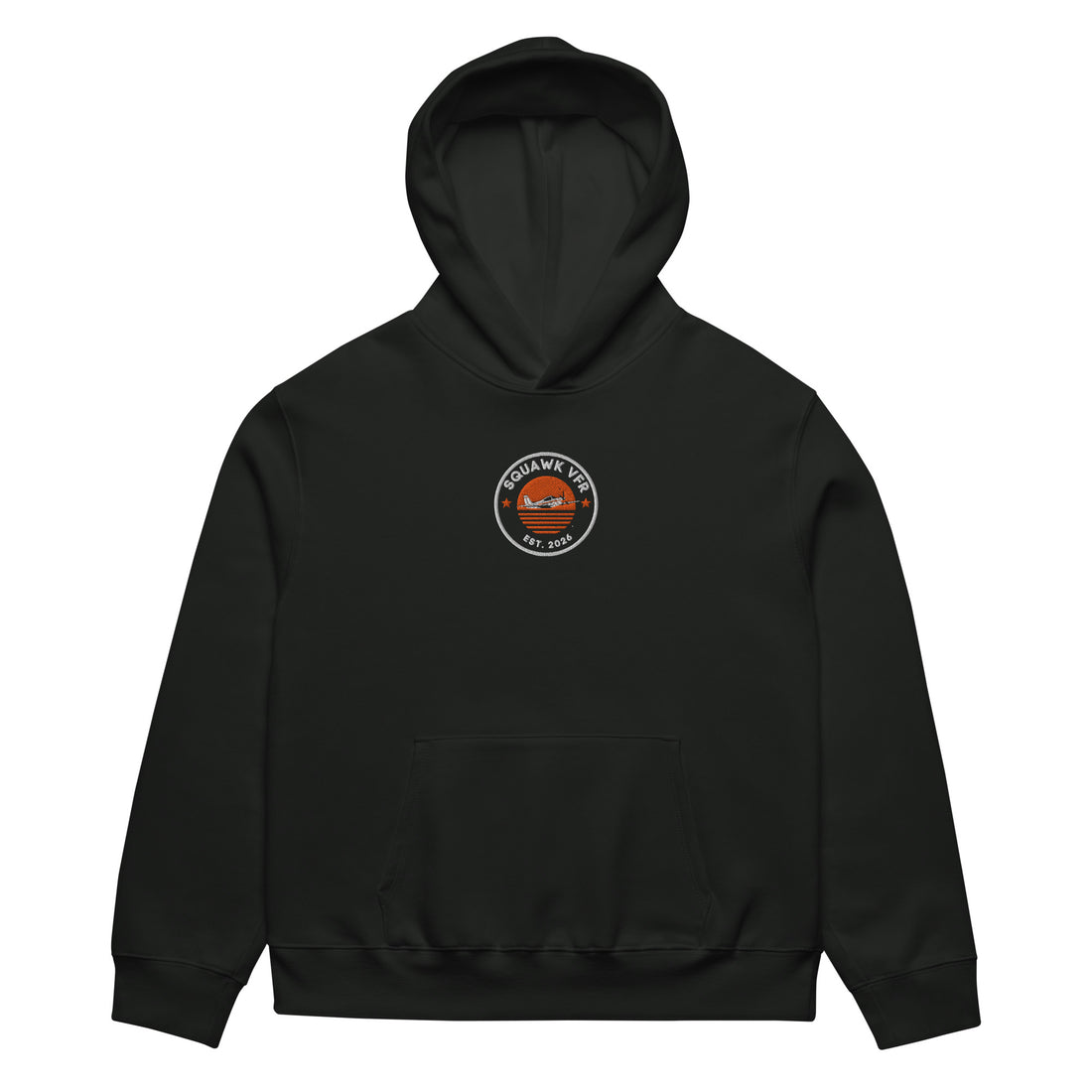 SquawkVFR embroidered roundel hoodie in vintage black, front view
