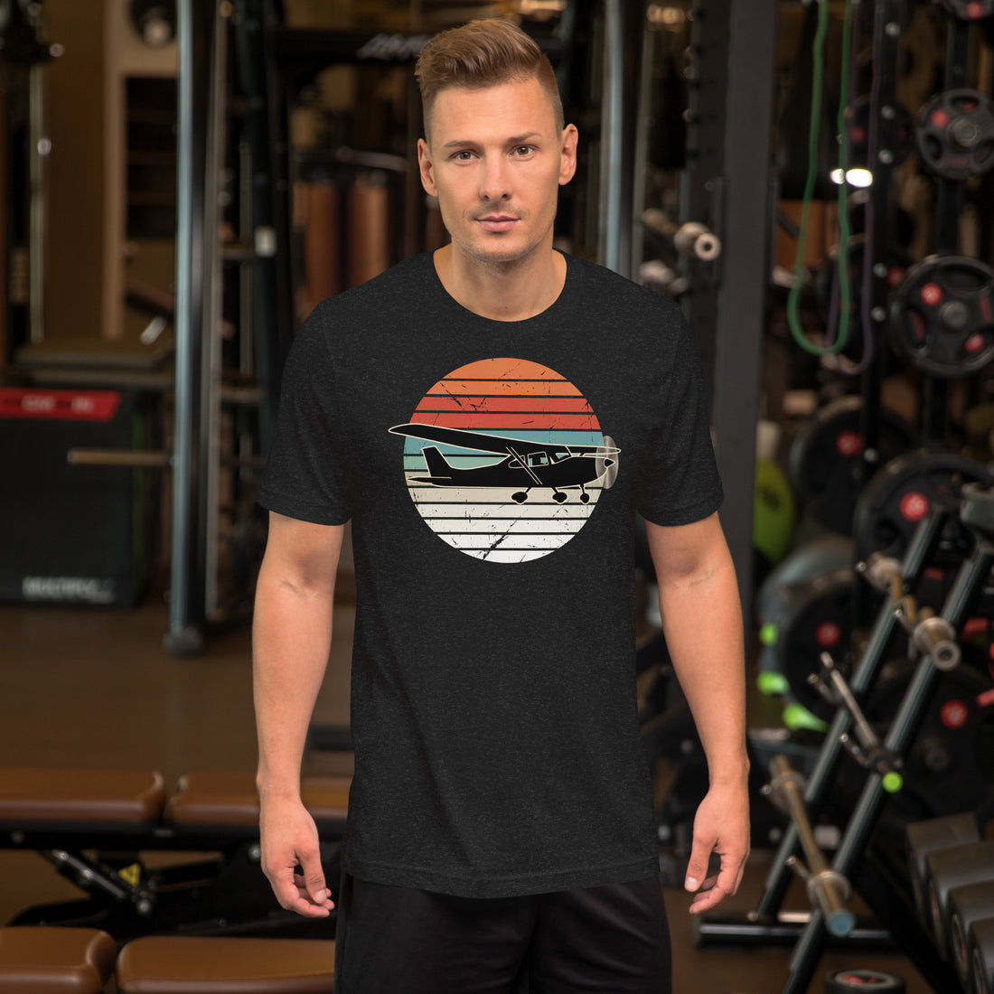 Vintage aviation t-shirt with retro airplane sunset design in vintage white, front and back, SquawkVFR